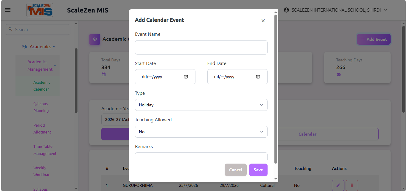 Academic Calendar Screen