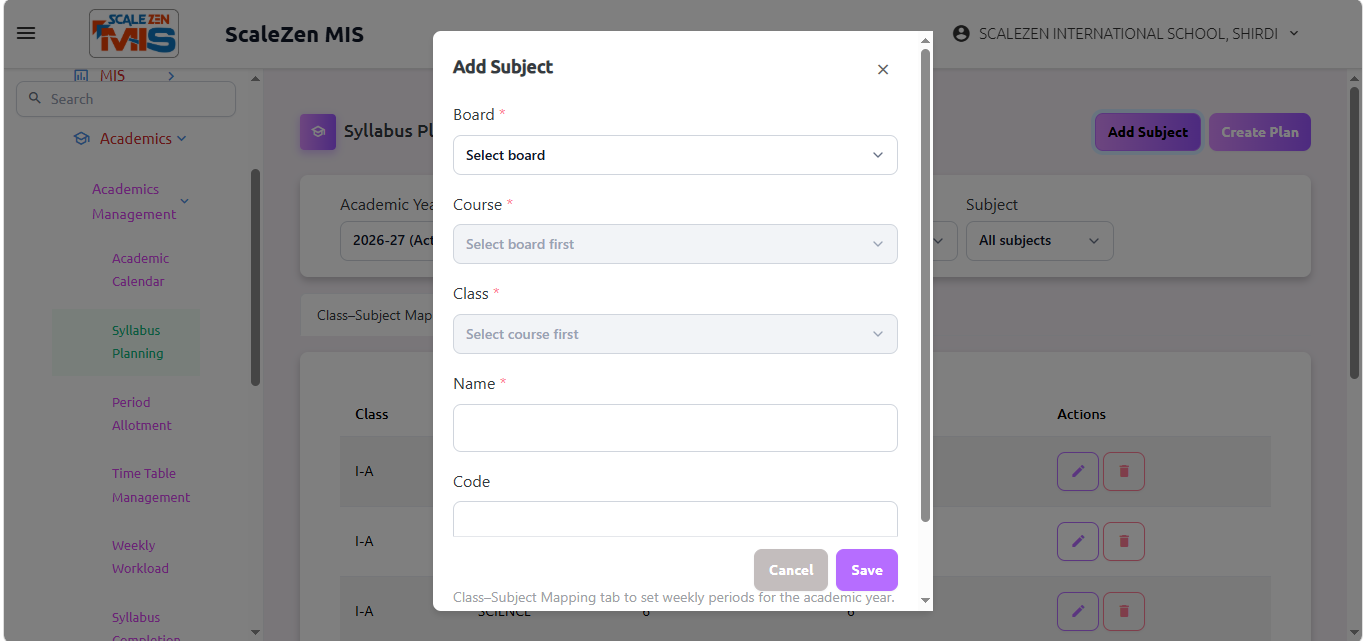 Syllabus Planning Screen