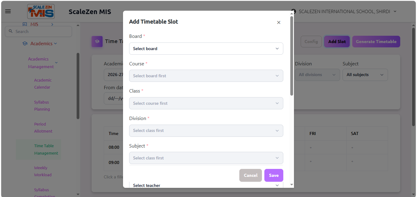 Timetable Management Screen