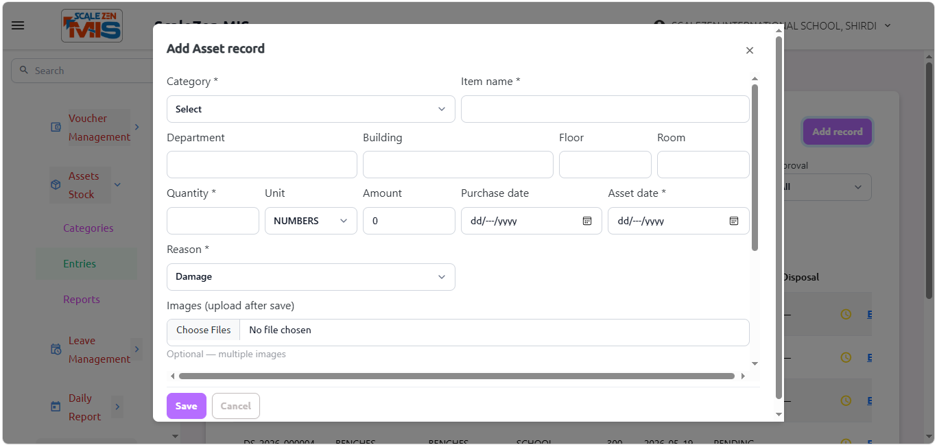 Assets Entries Screen