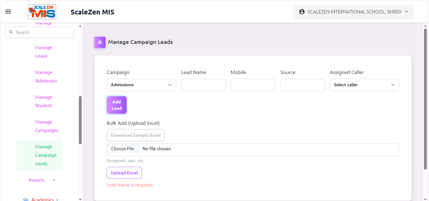 Manage Campaign Leads Screen