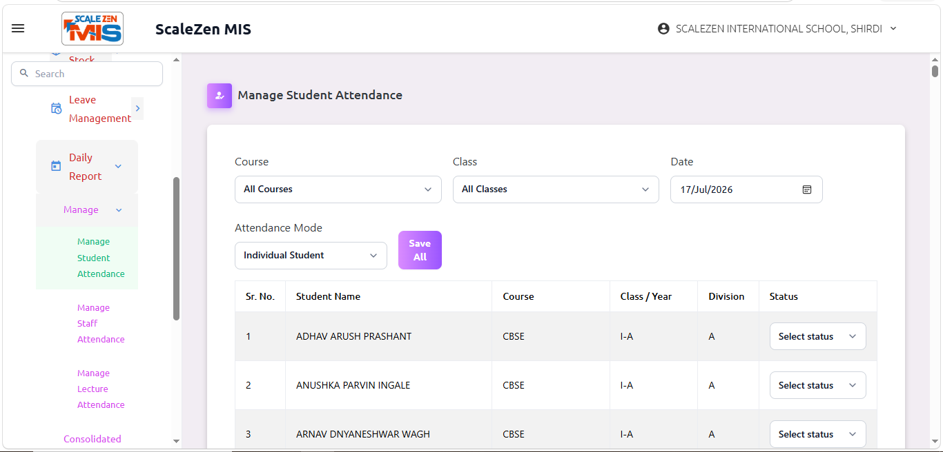 Manage Student Attendance Screen