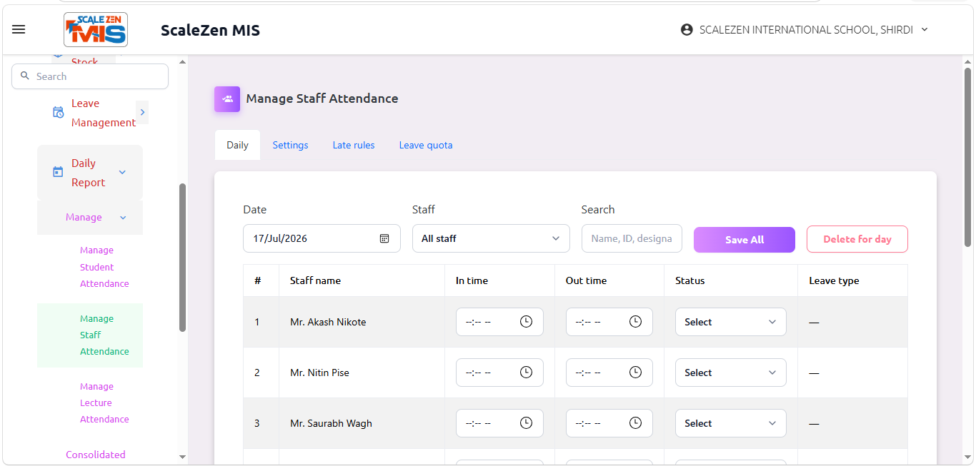 Manage Staff Attendance Screen