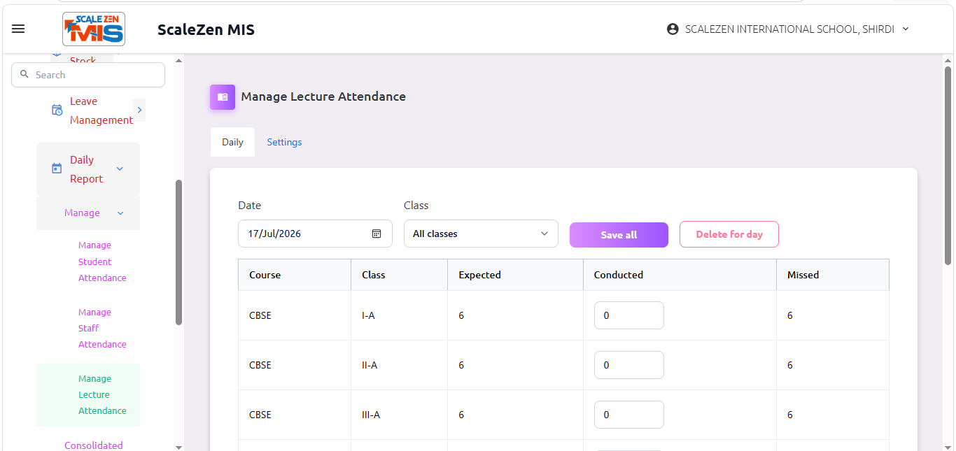 Manage Lecture Attendance Screen