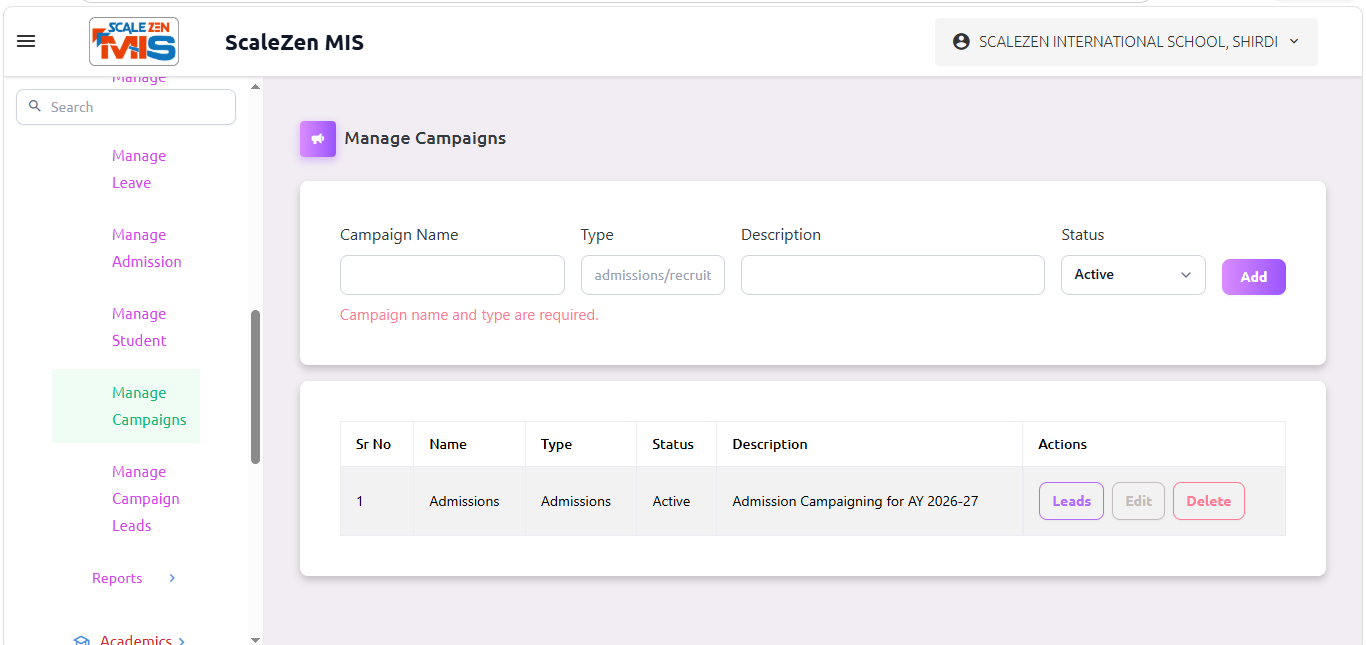 Manage Campaigns Screen