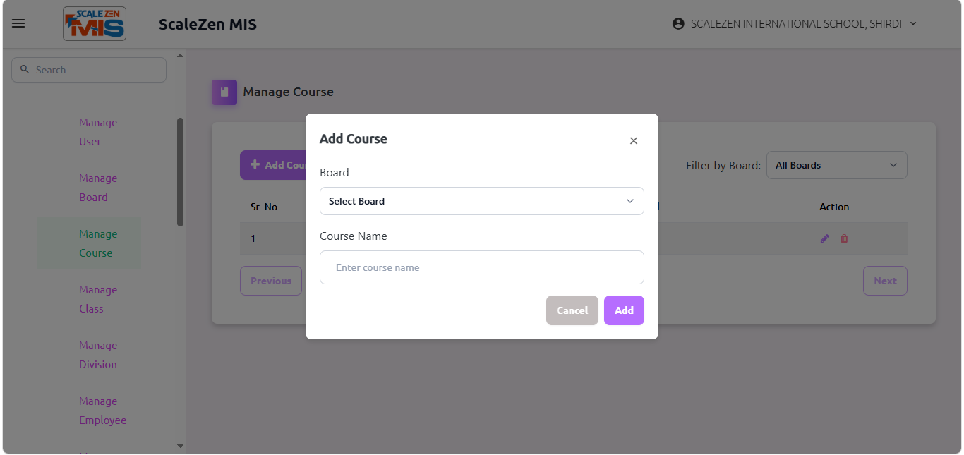 Manage Course Screen