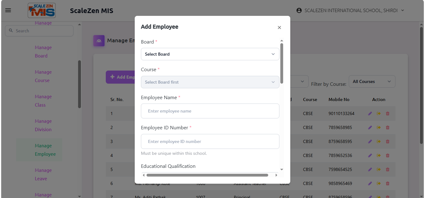 Manage Employee Screen