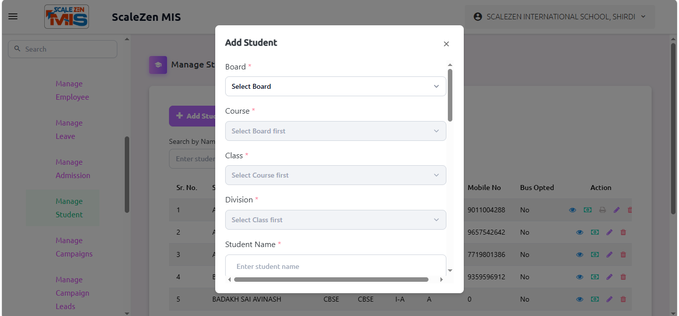 Manage Student Screen