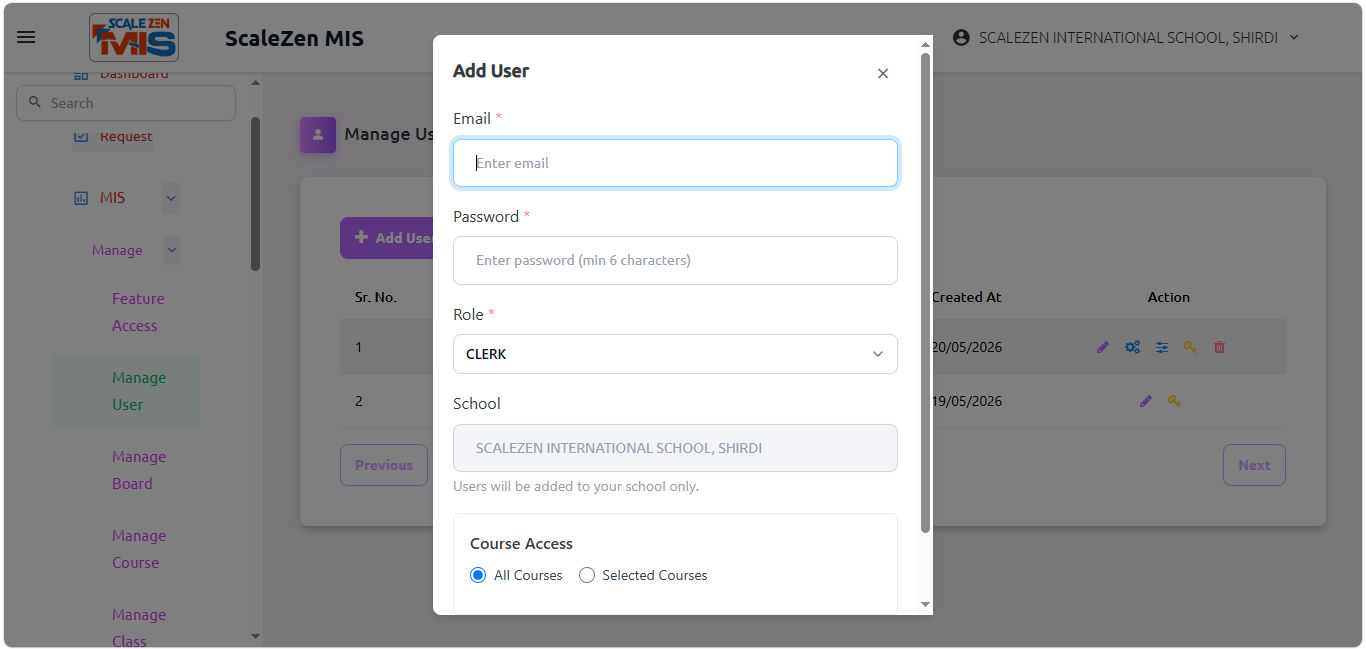 Manage User Screen