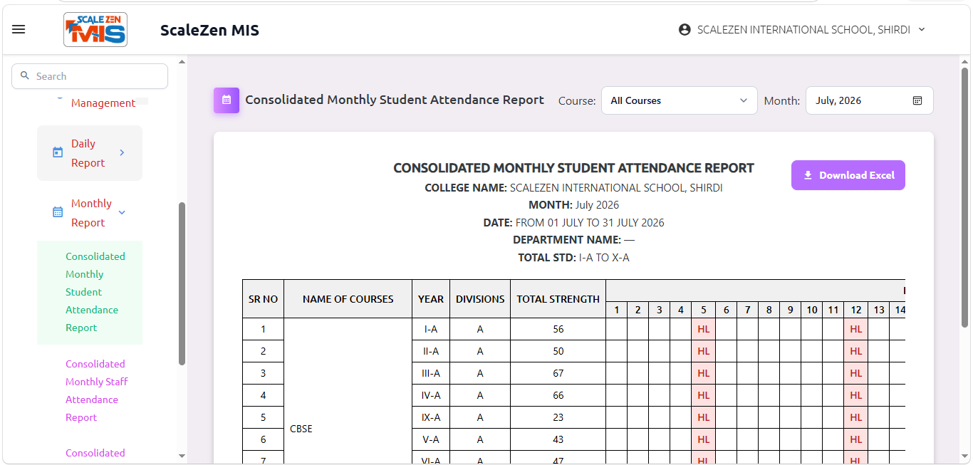 Consolidated Monthly Student Attendance Report Screen