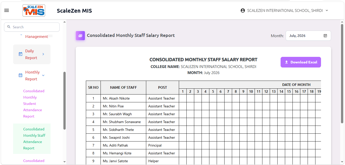 Consolidated Monthly Staff Salary Report Screen