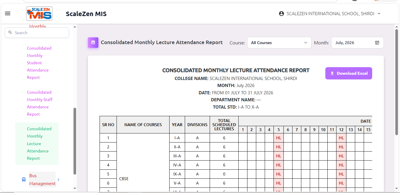 Consolidated Monthly Lecture Attendance Report Screen