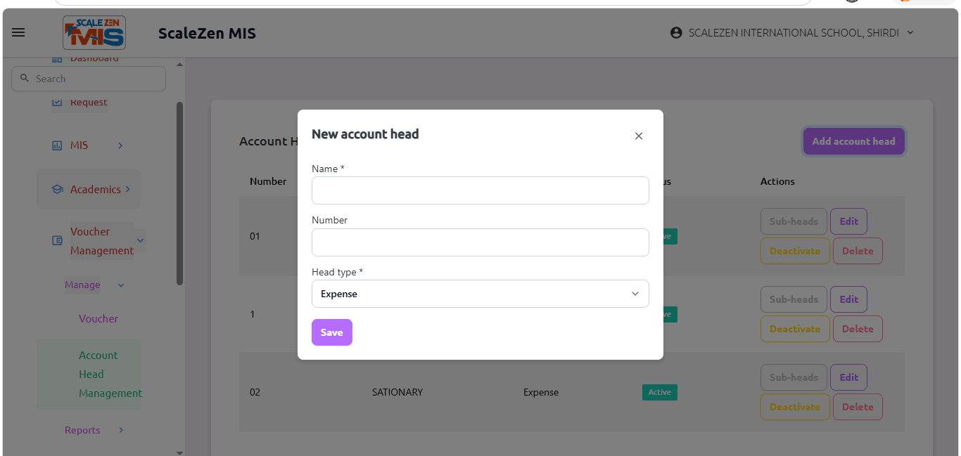 Account Head Management Screen